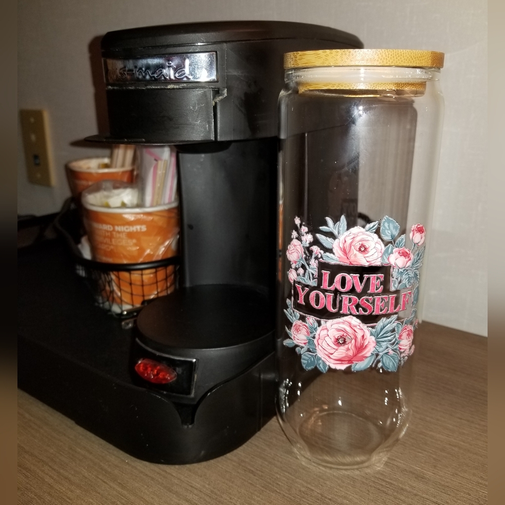 24oz 'Love Yourself' Pink and Blue Floral Glass Tumbler